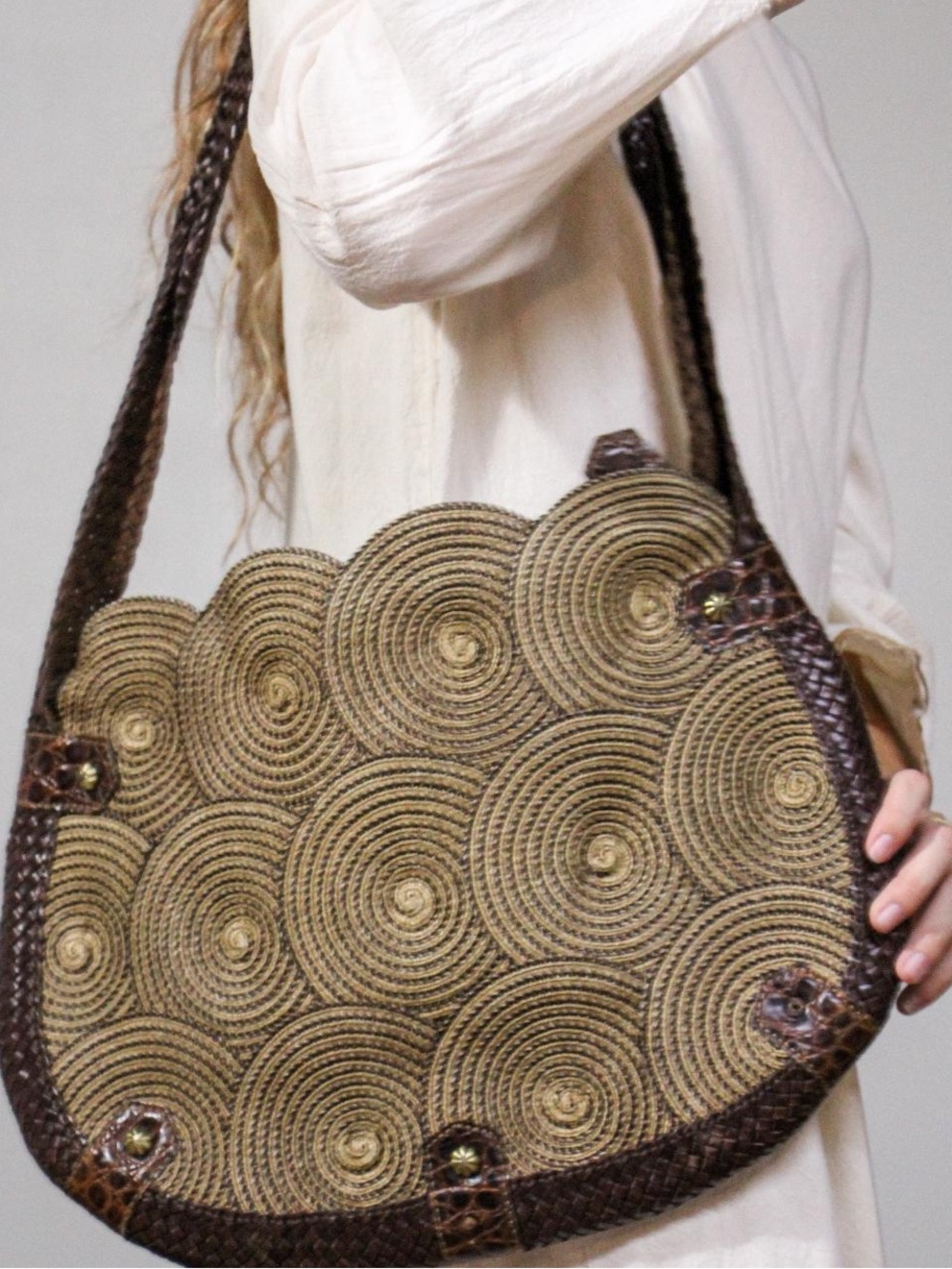 ERIC JAVITS Woven Geometric
Squishee Swirls + Woven Leather
Trim Shoulder Bag